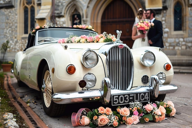 Un lujoso coche de bodas adornado con flores y un lazo espera a la pareja fuera de la iglesia