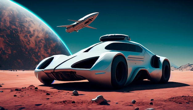 Un lujoso coche espacial volador gris disparando en el planeta Marte