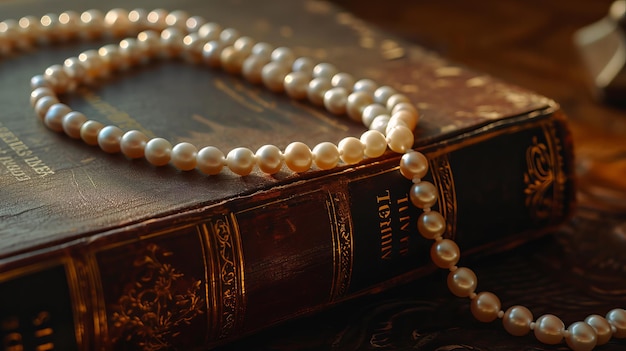 Un lujoso collar de perlas crea un contraste con la rica textura de un libro antiguo
