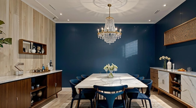Un lujoso comedor con elegantes paredes azules un impresionante candelabro y muebles chic incluyendo sillas una mesa de comedor y gabinetes con una encimera elegante todo bajo un hermoso techo fijo