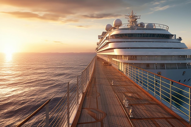 Un lujoso crucero blanco está amarrado en un muelle de madera frente a un impresionante cielo de puesta de sol y horizonte marino