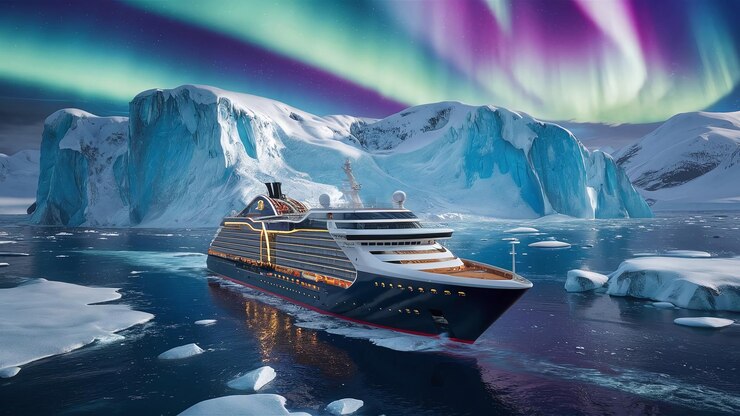 Un lujoso crucero navegando por el paisaje marítimo del norte con enormes glaciares de hielo