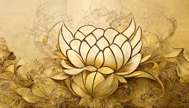 Lujoso diseño de fondo con loto dorado Diseño de arte de línea de flores de loto para papel tapiz Generative Ai