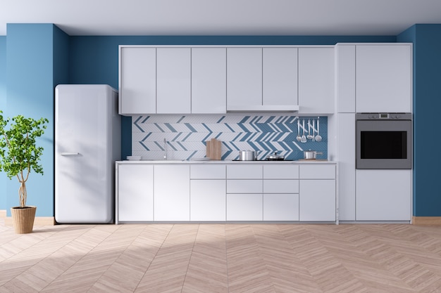 Lujoso diseño de interiores de sala de cocina moderna azul, gabinetes blancos y pared azul, 3drender