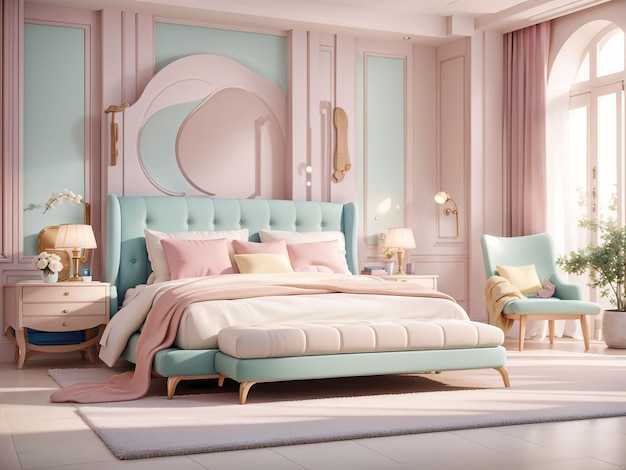 Lujoso dormitorio principal moderno en colores claros en colores pastel renderizado en 3D