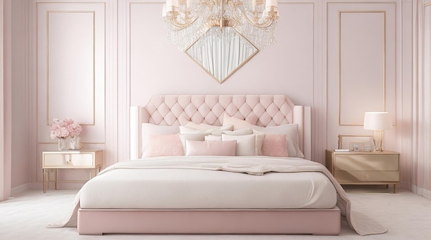 Lujoso dormitorio principal moderno en colores claros en colores pastel renderizado 3d