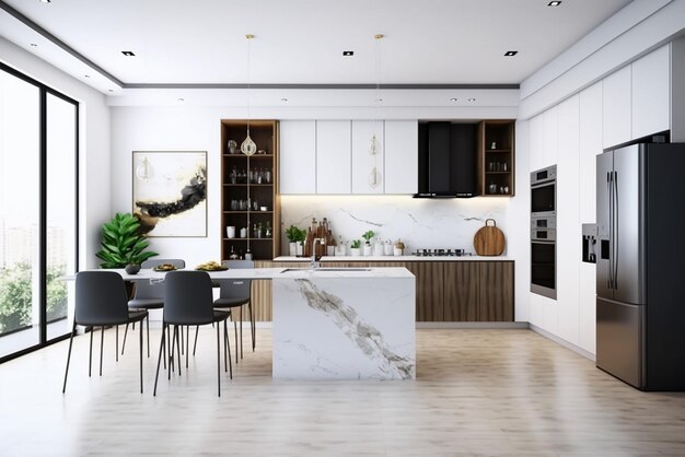 Foto lujoso y elegante interior de cocina grande y moderno con muebles y utensilios de cocina en un apartamento hom