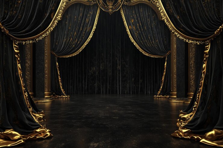 Un lujoso escenario con cortinas negras y doradas que crean un elegante telón de fondo para actuaciones o presentaciones