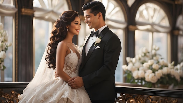 Un lujoso evento de boda en un gran salón de baile lleno de decoraciones elegantes y arreglos florales