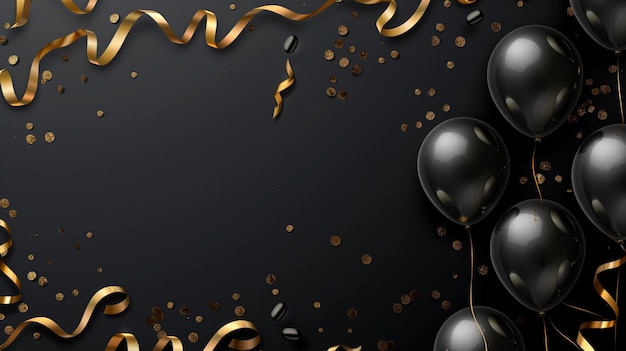 Foto lujoso fondo de celebración negro y dorado con globos y confeti