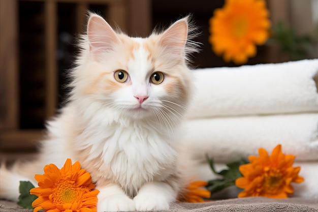 Un lujoso gato mascota yace al lado de toallas de baño blancas y flores