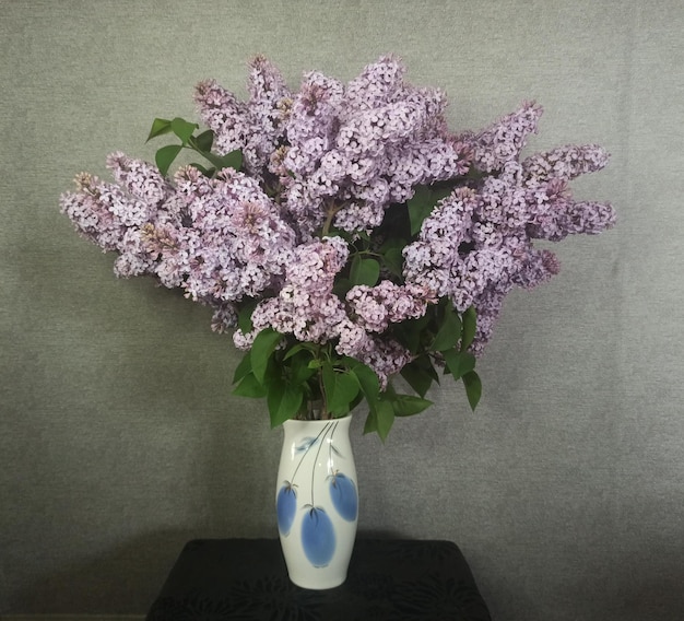 Lujoso gran ramo de lilas moradas en un jarrón blanco contra una fotografía retro de pared gris