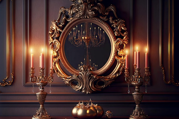 Lujoso interior barroco con espejo redondo decorado y candelabros creados con ai generativo