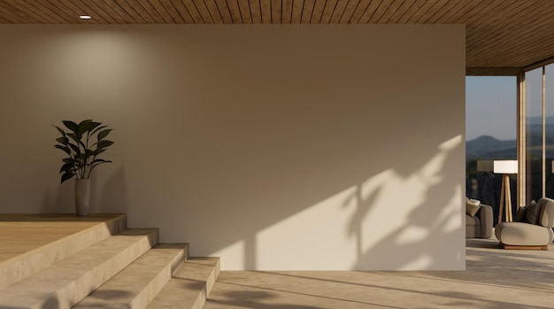 Lujoso interior de pasillo de casa contemporáneo con techo de tablones de madera de escalera y pared vacía