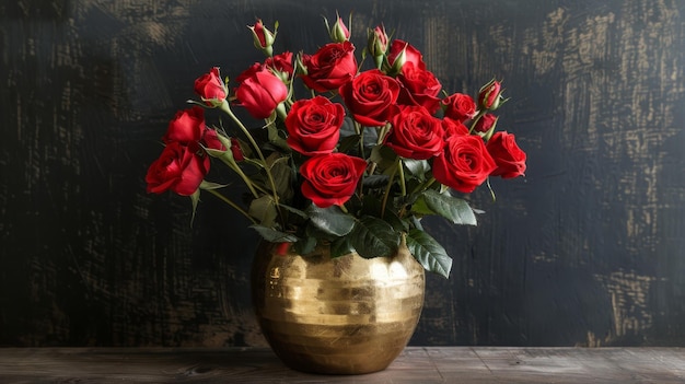 Foto un lujoso jarrón de oro contiene una profusión de rosas rojas vibrantes en una mesa elegante