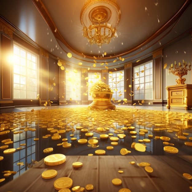 El lujoso país de las maravillas sumergido en una magnífica habitación reluciente con monedas de oro y bañado en dia