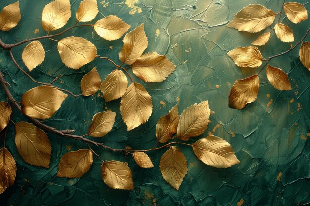 Un lujoso papel tapiz de arte de decoración de oro Una imagen de hojas doradas con una línea curva una planta de bambú con hojas dorados y un fondo verde