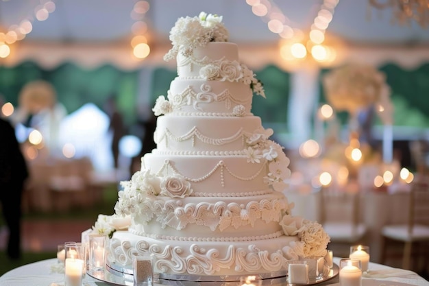 Un lujoso pastel de boda de varios niveles con decoraciones florales rosas y blancas en un lugar elegante