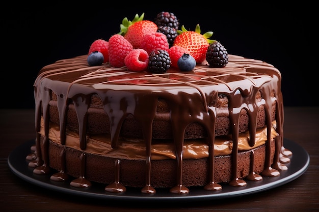 Foto un lujoso pastel de chocolate con chocolate y guarnición de chocolate
