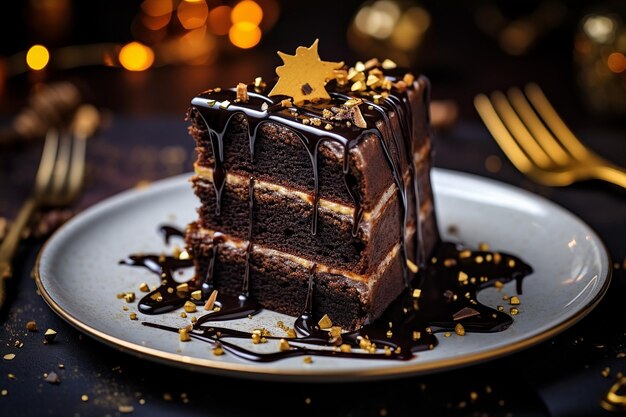 Foto un lujoso pastel de chocolate con gotas de chocolate y trozos de chocolate