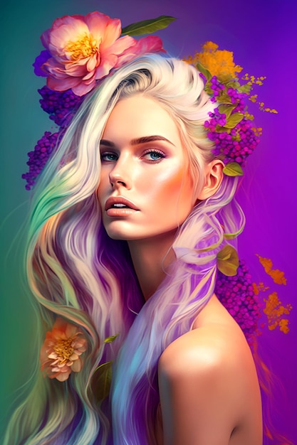 Lujoso peinado de fantasía para cabello largo y rubio con adornos florales multicolores IA generativa