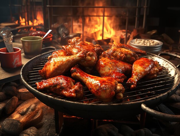 Foto un lujoso primer plano de pollo deliciosamente preparado servido con cebollas y salsa de chile