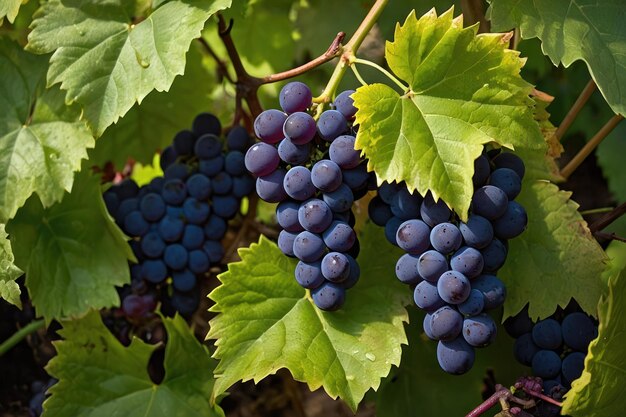 Un lujoso racimo de uvas de color azul oscuro en la vid