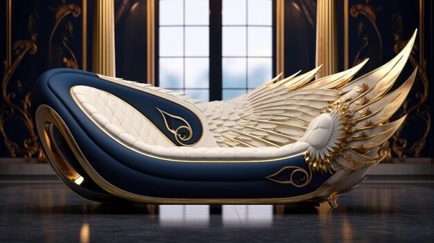 Lujoso sofá futurista con alas de ángel azules y doradas