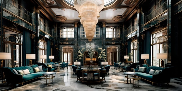 El lujoso vestíbulo del hotel con muebles exclusivos y un ambiente de lujo