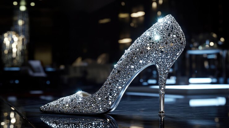 Un lujoso zapato de tacón alto incrustado en diamantes en exhibición en una tienda de alta gama