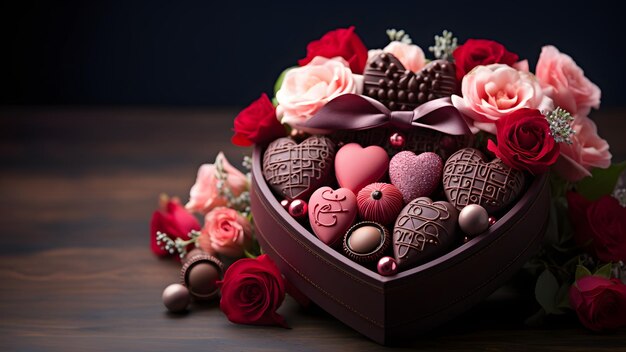 Lujosos chocolates de San Valentín en una suave caja de regalo en forma de corazón y flores con espacio para copiar