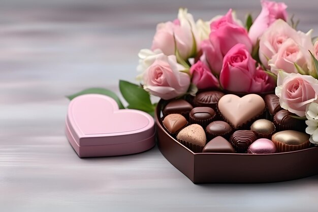 Lujosos chocolates de San Valentín en una suave caja de regalo en forma de corazón y flores con espacio para copiar