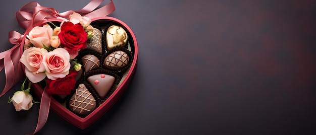 Lujosos chocolates de San Valentín en una suave caja de regalo en forma de corazón y flores con espacio para copiar