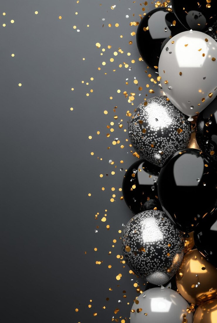 Lujosos globos negros y plateados en el lado derecho con confeti dorado creando una sensación elegante con espacio vacío en el lado izquierdo