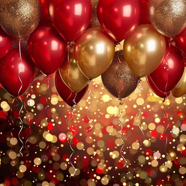 Lujosos globos rojos y dorados con brillo para ocasiones festivas, fiestas y celebraciones.