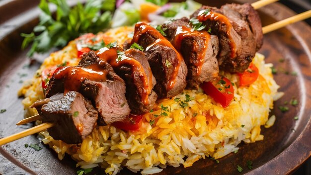 Foto lula kebab adjika arroz pimenta tomate vista de lado