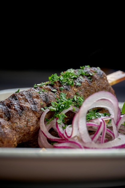 Lula kebab turco con pan de pita y salsa en un plato