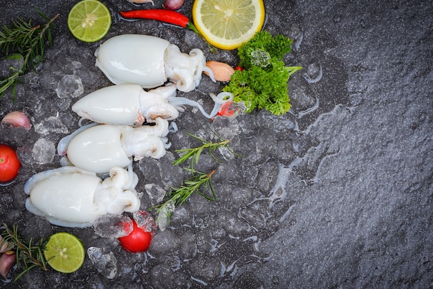 Lulas de frutos do mar no gelo para cozinhar alimentos no restaurante, Choco de polvo cru fresco gourmet