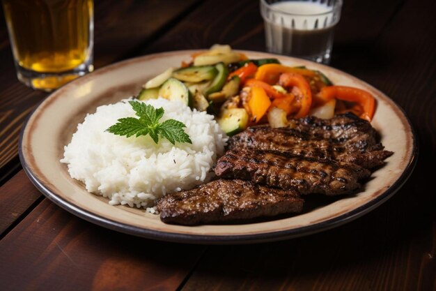 Lule kebab con arroz y verduras fritas