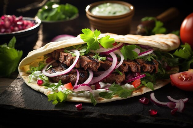 Lule kebab azerbaiyano en pan lavash con ensalada verde de cebolla