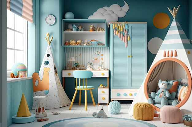 Luminosa habitación infantil moderna con juguetes para niños, accesorios y muebles creados con ai generativa