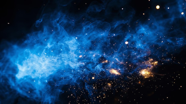 Luminosas chispas azules y amarillas brillando en una extensión oscura creando un espectáculo mágico