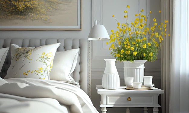 Luminoso y acogedor dormitorio con flores amarillas en estilo escandinavo AI generativo