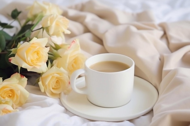 Luminoso y acogedor dormitorio Taza de café o té y flores en la cama blanca Desayuno en la cama Taza de té