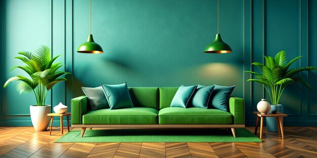 Luminoso y acogedor interior de la sala de estar moderna con sofá verde y habitación de decoración en vacío fondo de pared azul oscuro renderización 3D