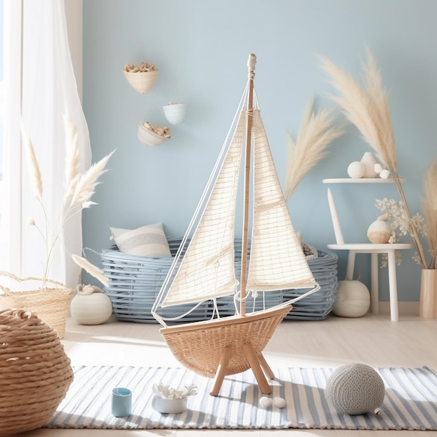 Luminoso diseño de habitación en tonos blanco beige y celeste con ratán estilo marinero