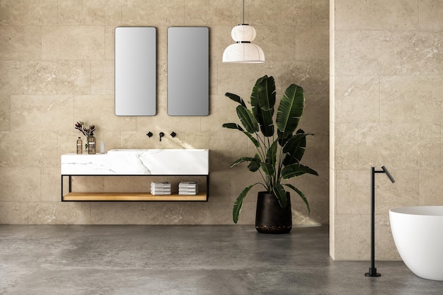 Luminoso interior de baño minimalista con lavabo de mármol blanco y espejos dobles planta de bañera suelo de hormigón pared de azulejos beige Accesorios de baño y luces colgantes en el estudio del hotel Representación 3D