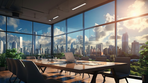 Luminoso interior de sala de reuniones con vista a la ciudad Concepto de presentación corporativa IA generativa