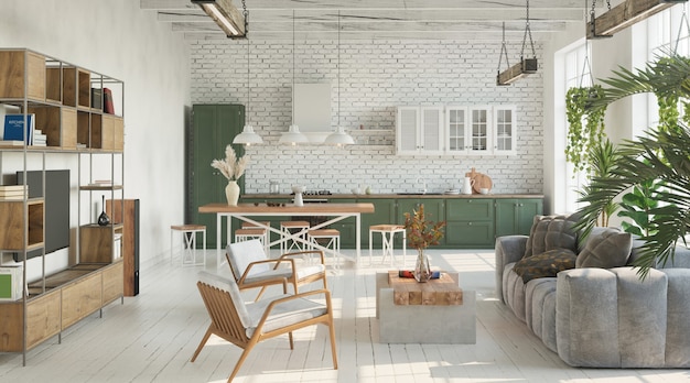 Luminoso salón con cocina en estilo loft industrial 3D Render