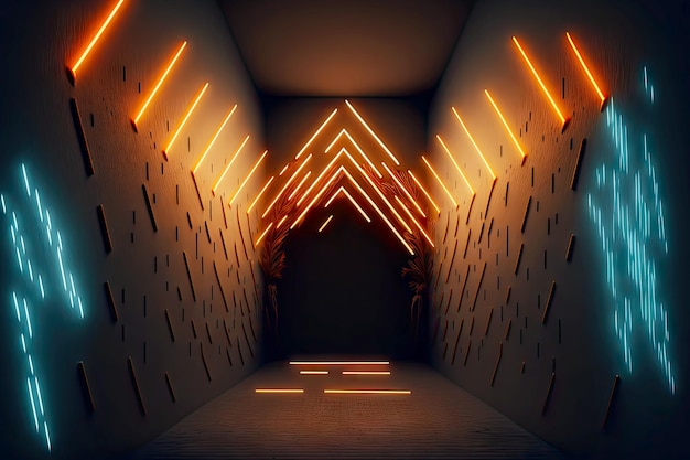 Luminous d render setas de neon na parede do túnel escuro recuando